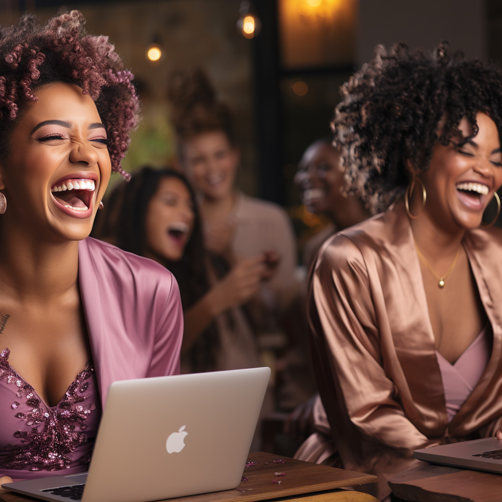 A group of women laughing while using laptops.