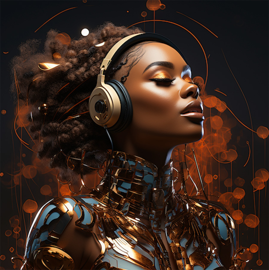 A woman in a futuristic outfit listening to music.