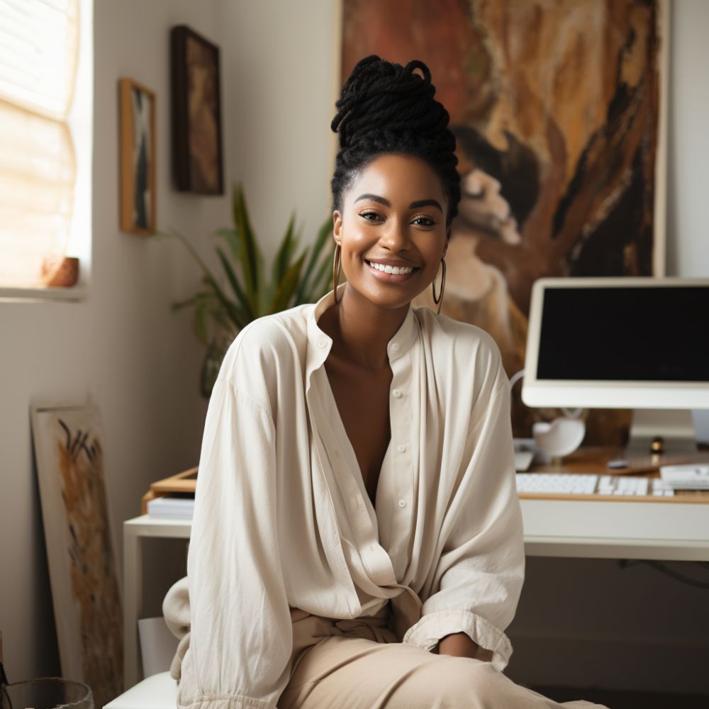 A smiling black woman sitting in front of a computer.
