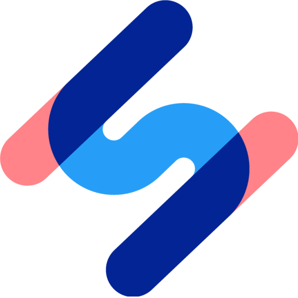 A blue and pink logo with the letter s.