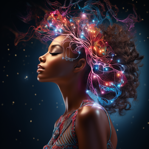 A black woman with colorful hair and glowing lights in her hair.