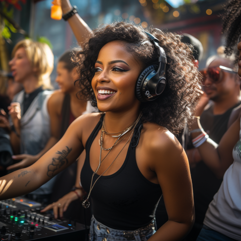 A young woman djing at a party.