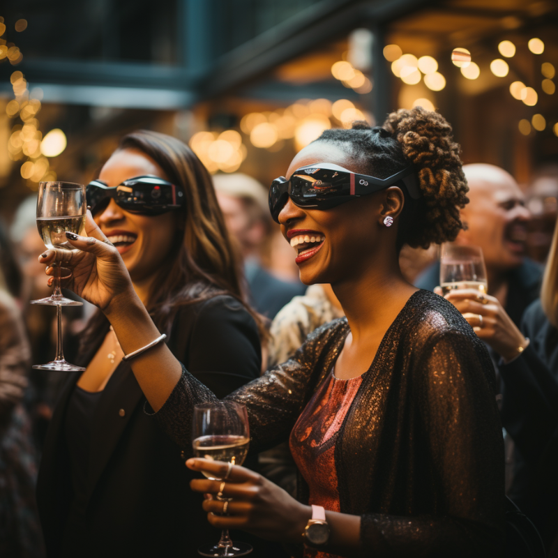 A group of women wearing 3d glasses at a party.