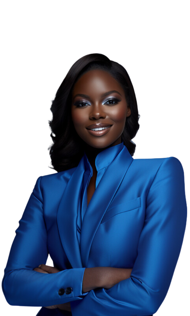 A black woman in a blue suit posing for a photo.