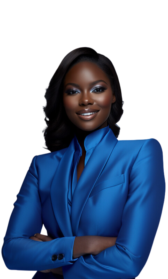 A black woman in a blue suit posing for a photo. A black woman in a blue suit posing for a photo.