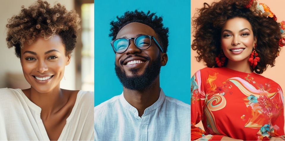 Three people smiling; a woman in white, a man with glasses in blue, and a woman in a vibrant red outfit with floral patterns.