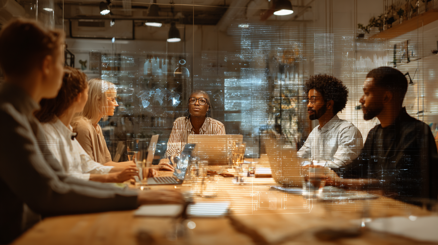 A group of people sit around a conference table with laptops, engaged in a meeting; digital interface graphics are overlaid on the scene.