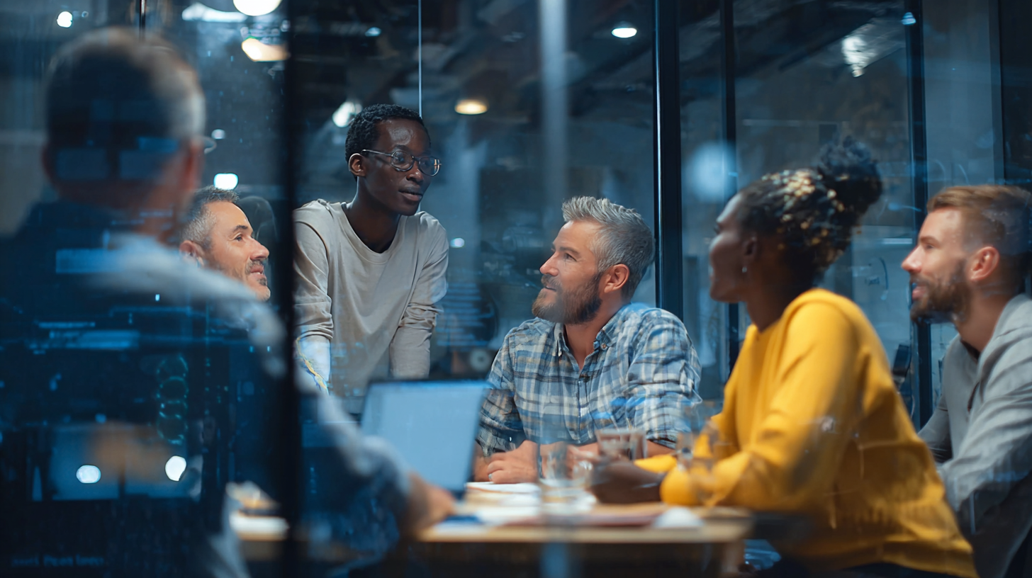 Five people sit around a table in a modern office, engaged in a discussion; laptops and papers are visible on the table.