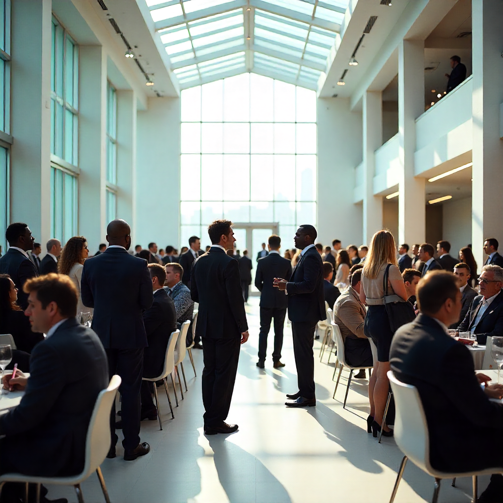 A large group of people in formal attire attend a networking event in a bright, modern venue with tall windows and white walls.