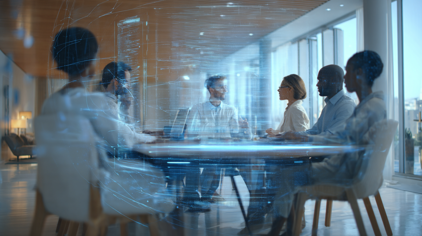 A group of professionals sits around a conference table in a modern office, with digital data graphics overlaid in the foreground.