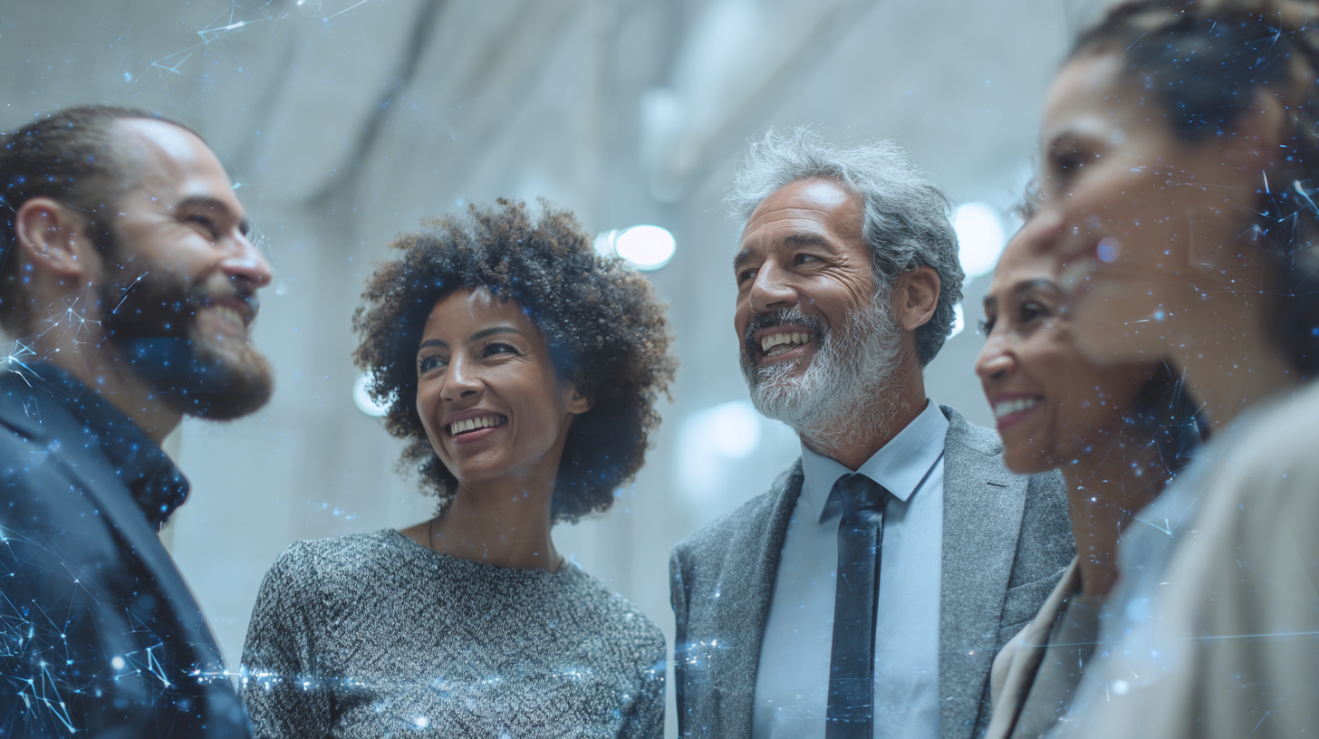 Five professionally dressed people stand in a group indoors, smiling and conversing, with digital network graphics overlaying the image.