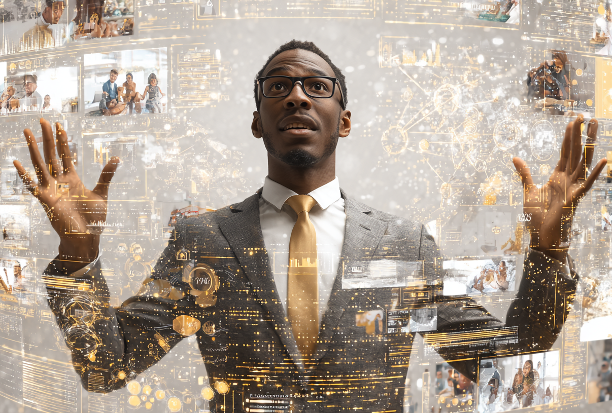 A man in a suit and glasses stands with raised hands, surrounded by floating digital screens displaying various images and data visualizations.
