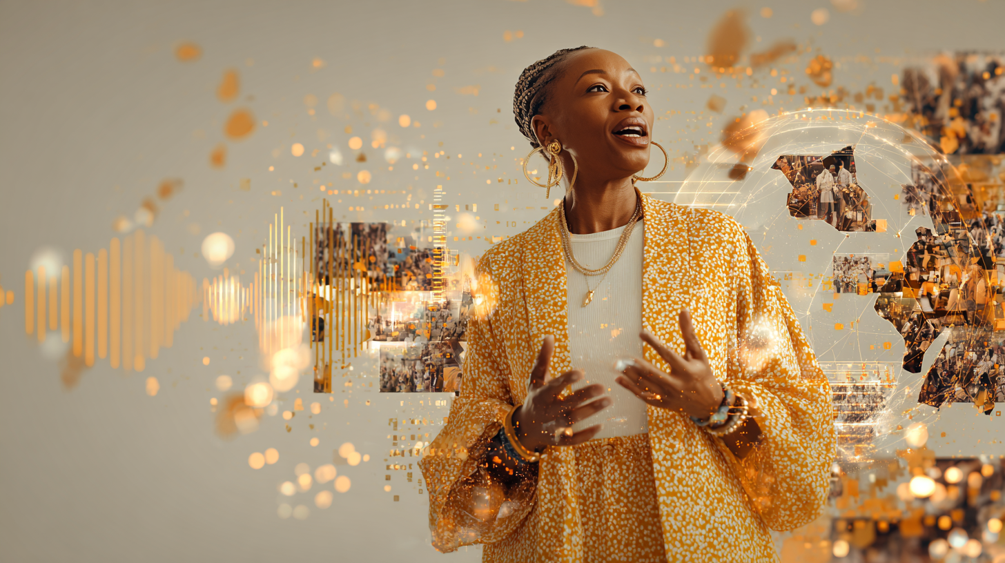 A woman in a yellow patterned jacket gestures while standing in front of digital graphics, including sound waves and a globe with interconnected images.